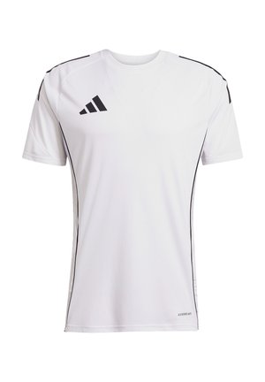 Witte sportieve t-shirt met zwarte zijstrepen en logo-accenten. Korte mouwen en ronde hals; lichtgewicht, vochtafvoerende stof.