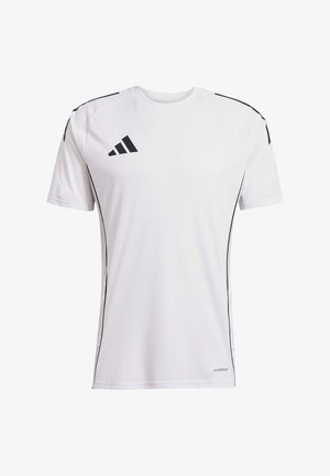 Witte sportieve t-shirt met zwarte zijstrepen en logo-accenten. Korte mouwen en ronde hals; lichtgewicht, vochtafvoerende stof.