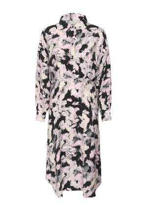 Zwarte jurk met een abstract patroon van roze en witte penseelstreken, lange mouwen, knoopsluiting aan de voorkant, kraag en een losse pasvorm met een asymmetrische zoom.