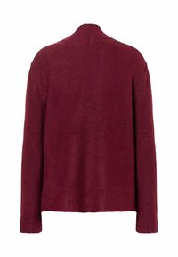 Burgunderfarbener Strickpullover mit hohem Kragen, langen Ärmeln und geripptem Saum. Weicher Stoff mit lockerer Passform, ideal zum Layering.