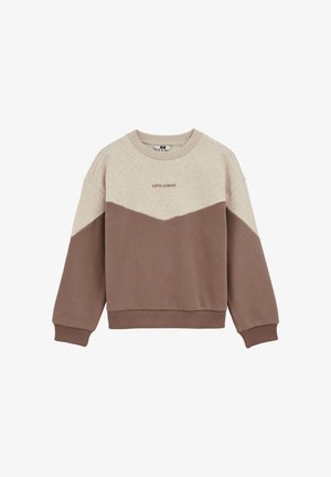 Felpa con un design a blocchi di colore beige e marrone, polsini e orlo a costine, e la scritta "LOVE ALWAYS" ricamata sul davanti.