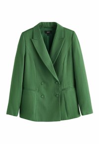 Blazer vert sur mesure à double boutonnage avec revers crantés, manches longues, deux poches avant passepoilées et quatre boutons assortis.