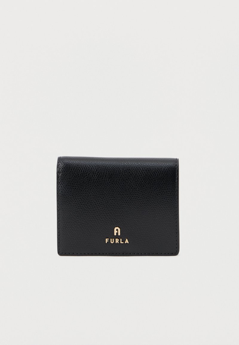 Black leather wallet with a textured finish, featuring a gold logo. Compact design with a fold-over flap and reinforced edges.