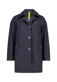 Navyblaue Außenjacke aus glattem Material, mit Kragen, Frontknöpfen, Taschen und einem kontrastierenden Innenfuttermuster.
