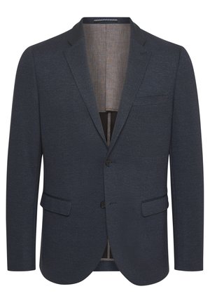 Blazer azul oscuro con tejido texturizado, solapas de muesca, dos bolsillos frontales y dos botones. El interior muestra un forro contrastante más claro.
