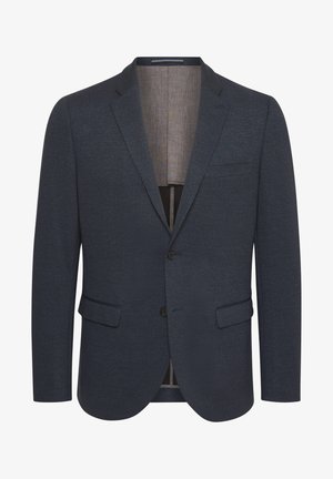 Temno modra blezerica z teksturirano tkanino, z izrezanimi reverji, dvema sprednjima žepoma in dvema gumboma. Notranjost prikazuje kontrastno svetlejšo oblogo.