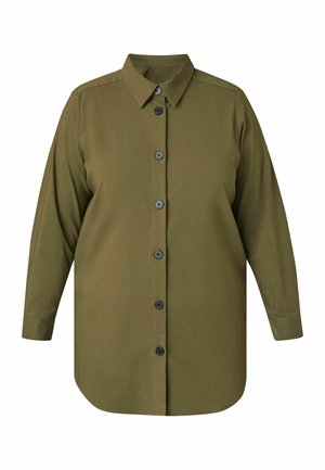 Chemise olive à manches longues avec col et boutons noirs sur le devant, présentée sur un fond blanc.