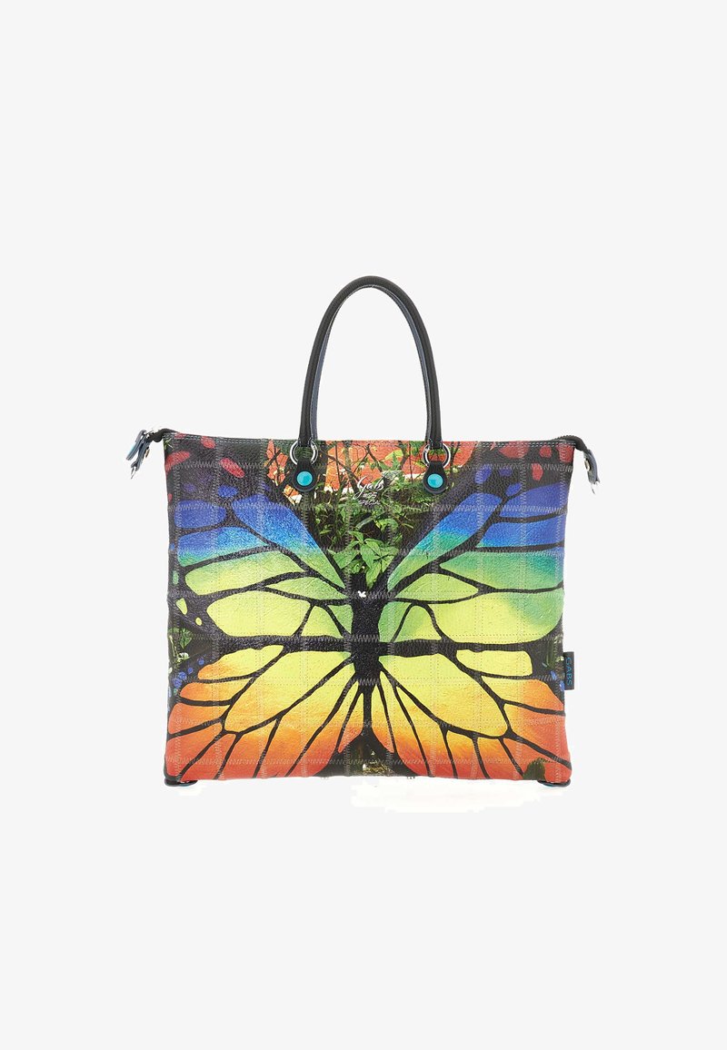 Borsa tote colorata con un design di farfalla in tonalità vivaci di blu, verde, arancione e nero. Tessuto testurizzato con manici neri robusti.