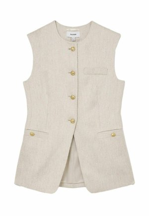 Ärmellose beige Wollmischweste mit rundem Ausschnitt, vier goldenen Knöpfen vorne und zwei vorderen Klappentaschen mit goldenen Knöpfen.