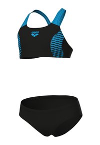 Schwarzes Bikini-Top und -Bottom-Set mit blauen Akzenten. Das Top hat breite Träger und ein geometrisches Muster an den Seiten. Glatte Textur.