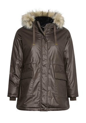 Braune Parkajacke mit Kunstfellkapuze. Verfügt über einen Reißverschluss, zwei Fronttaschen und eine glatte, strukturierte Oberfläche. Akzente sind Schnürzüge.