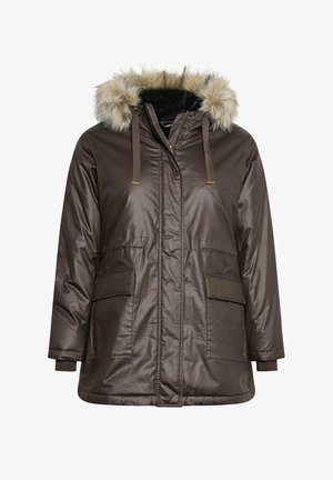 Braune Parkajacke mit Kunstfellkapuze. Verfügt über einen Reißverschluss, zwei Fronttaschen und eine glatte, strukturierte Oberfläche. Akzente sind Schnürzüge.