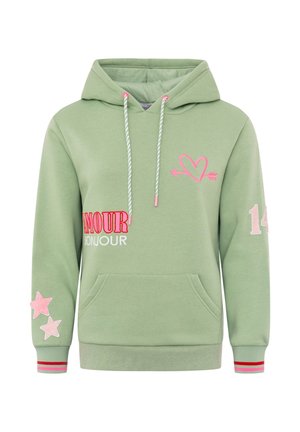 Light green hoodie with pink heart and arrow graphic, "AMOUR BONJOUR" text, pink stars on sleeve, number 14, and red-striped cuffs.