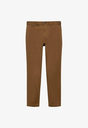 Hnedé bavlnené chinos s rovnými nohavicami, vybavené gombíkovým zapínaním, pútkami na opasok, bočnými vreckami a hladkou textúrou.