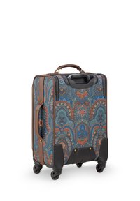 Wheeled suitcase featuring a blue and brown paisley pattern, fabric exterior, brown leather accents, retractable handle, and four wheels.