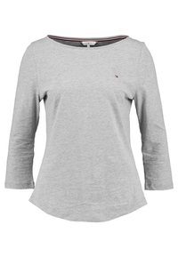 Grå långärmad T-shirt i bomullsblandning med breda axlar, rundad nederkant och en liten broderad logotyp på vänster bröst.