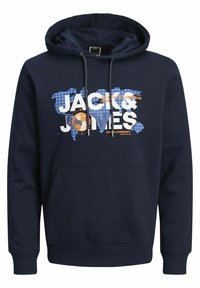 Sudadera de algodón azul marino con un bolsillo tipo canguro, que presenta una impresión gráfica del nombre de la marca "JACK & JONES" y un diseño de globo en blanco y naranja.