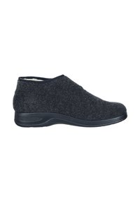 Stivali arrivati alla caviglia in feltro grigio scuro con una suola in gomma nera liscia, fascia elastica superiore e una morbida fodera interna. Design con punta rotonda.