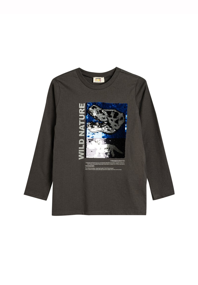 Gray long-sleeve t-shirt with a sequin graphic. Features the text "WILD NATURE" and dinosaur images in blue, black, and silver tones.