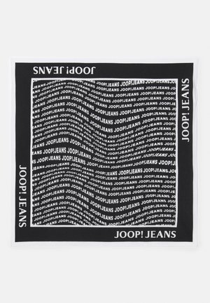 Schwarz-weißes Schal mit wiederholtem Textdesign "JOOP! JEANS" auf einem weichen Stoff, mit einem einfarbigen Rand und glatter Textur.