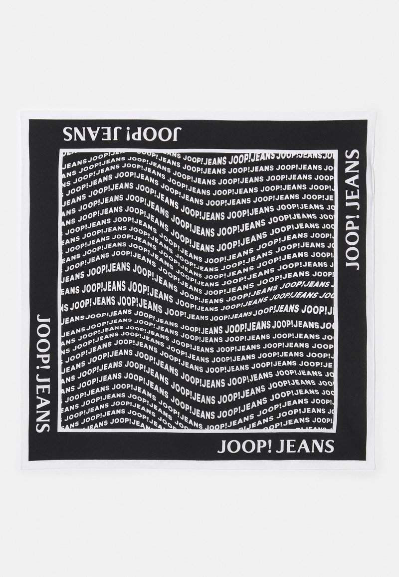 Μαύρο και άσπρο κασκόλ με επαναλαμβανόμενο σχέδιο κειμένου "JOOP! JEANS" σε μαλακό ύφασμα, με σταθερό περίγραμμα και απαλό υφή.