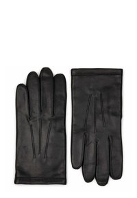 Gants en cuir noir avec une texture lisse, comportant quatre doigts et des détails de couture au dos pour un design accru.