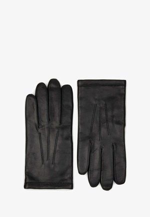 Guanti in pelle nera con una texture liscia, dotati di quattro dita e dettagli di cucitura sul retro per un design aggiuntivo.