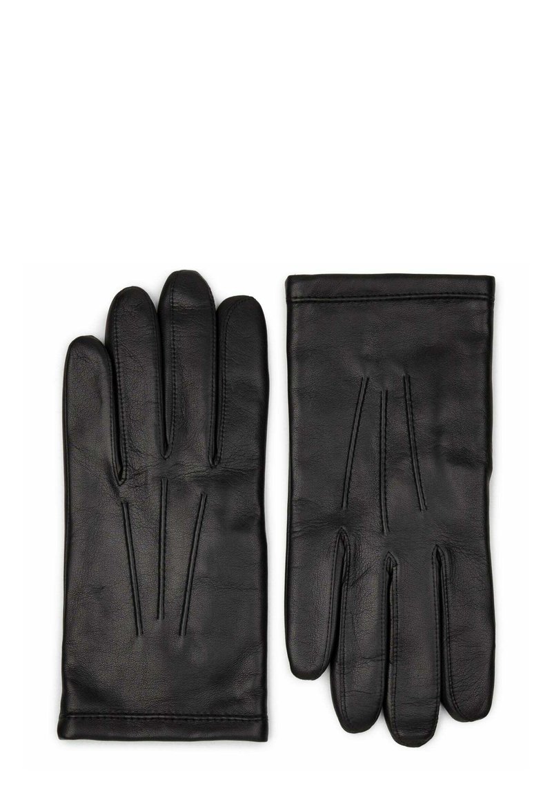 Gants en cuir noir avec une texture lisse, comportant quatre doigts et des détails de couture au dos pour un design accru.