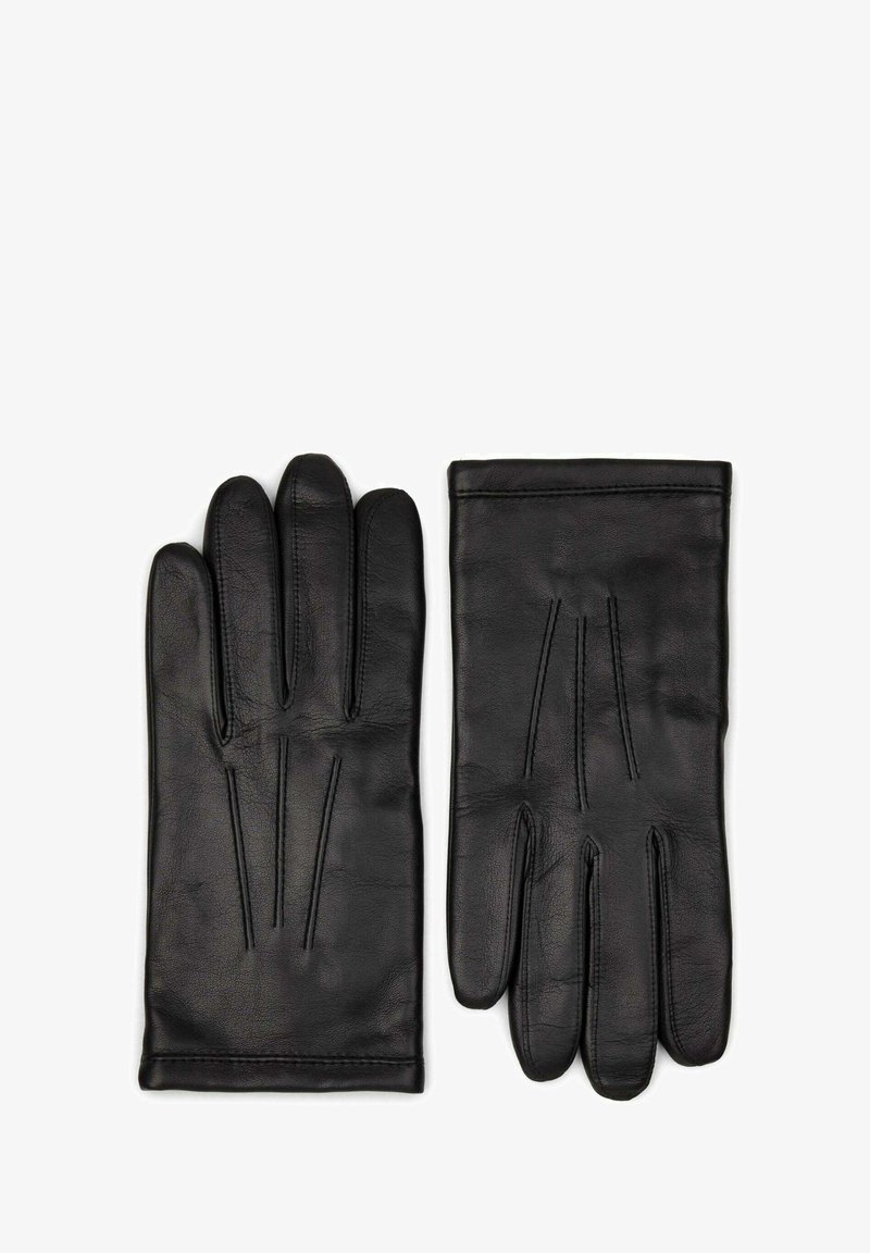 Guanti in pelle nera con una texture liscia, dotati di quattro dita e dettagli di cucitura sul retro per un design aggiuntivo.