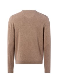Brown gebreide trui met lange mouwen, ronde hals en geribbelde manchetten. Zachte textuur met een gladde afwerking, eenvoudig ontwerp zonder patronen.