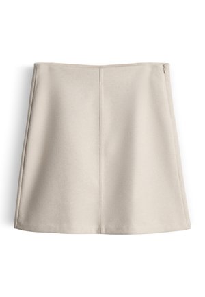 Beige minirok met een gladde textuur, gestructureerd ontwerp en een onopvallende zijrits. Heeft een strakke, eenvoudige silhouet zonder patronen.