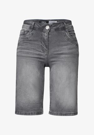 Pantalones cortos de mezclilla grises con una textura suave, diseño de cinco bolsillos y cierre de botón. Presenta un ligero desgastado para un aspecto usado.