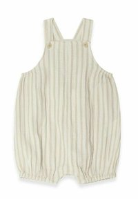 Lys beige romper med vertikale lyse brune striber, blødt stof, justerbare skulderstropper og elastiske benåbninger.