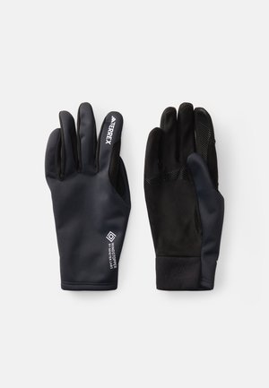Thermal gloves in black, featuring a smooth outer fabric, textured grip on palms, elastic cuffs, and branded details for grip and warmth.