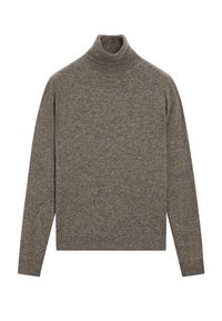 Braun-grauer, langärmeliger Rollkragenpullover mit geripptem Kragen, Bündchen und Saum, flach auf einem weißen Hintergrund präsentiert.