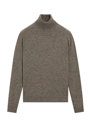 Hnědošedý rolák s dlouhým rukávem, se žebrovaným límcem, manžetami a lemem, vystavený plochý na bílém pozadí.