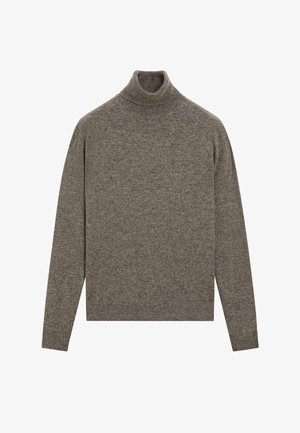 Pull en turtleneck à manches longues de couleur brunâtre-gris, avec un col, des poignets et un ourlet côtelés, présenté à plat sur un fond blanc.