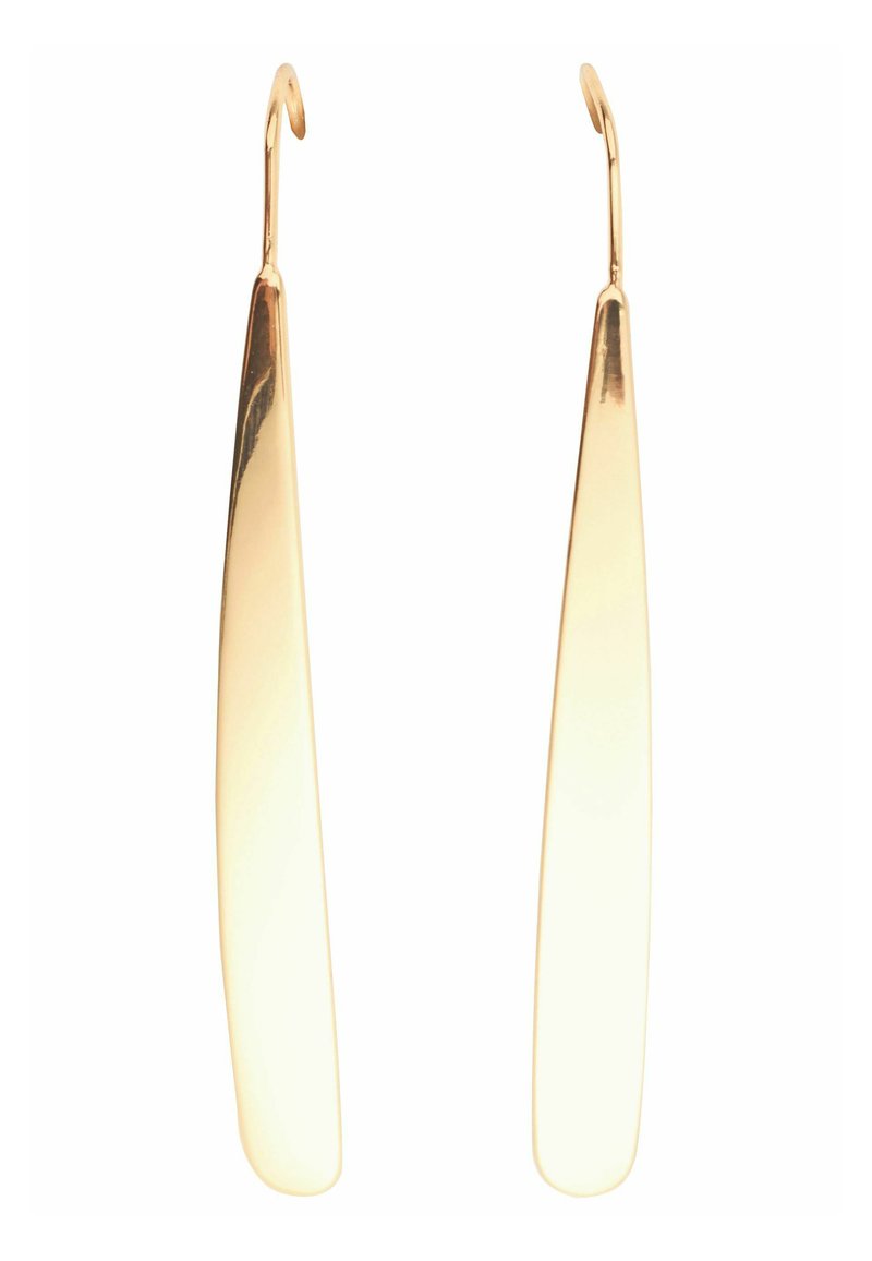 Guldtonede dangle øreringe med en forlænget, flad, tætvinklet design og en subtil glans. Bøjede krog for sikker bæring.