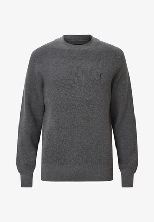 Szary sweter prążkowany z okrągłym dekoltem, długimi rękawami i małym logo na lewej piersi. Wykonany z miękkiego materiału dzianinowego.