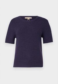 Granatowy sweter dzianinowy z krótkimi rękawami, z prążkowaną teksturą i okrągłym dekoltem. Prosty design bez widocznych wzorów czy akcentów.
