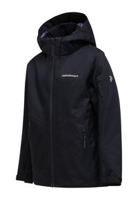 Schwarze wasserdichte Jacke mit hohem Kragen und Kapuze, seitlichen Reißverschlüssen, Logo auf der Brust und einem schlanken, minimalistischen Design.