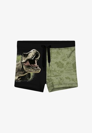 Pantaloncini neri e verde oliva con una testa di T-Rex ruggente su un lato e illustrazioni sbiadite di dinosauri sull'altro, caratterizzati da un cordoncino nero.