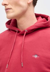 Κοντινό πλάνο ενός ατόμου που φοράει κόκκινο φούτερ με κορδόνια και μικρό κεντημένο λογότυπο στο στήθος.