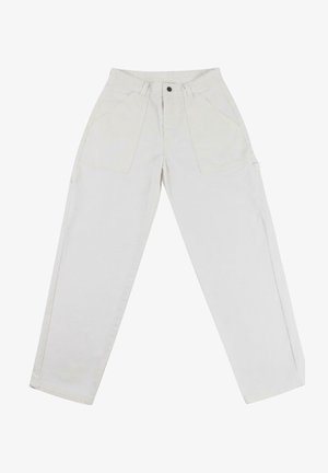 Hvite bomullsbukser med rett snitt, frontlommer og knappelukking. Har et strukturert stoff og en midje designet for komfort.