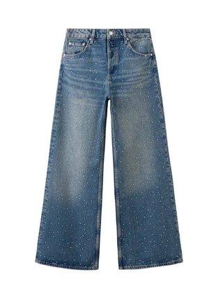 Wide-leg blue denim jeans with high waist and scattered small white rhinestone embellishments.