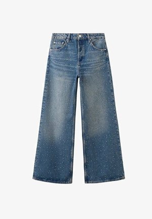 Wide-leg blue denim jeans with high waist and scattered small white rhinestone embellishments.