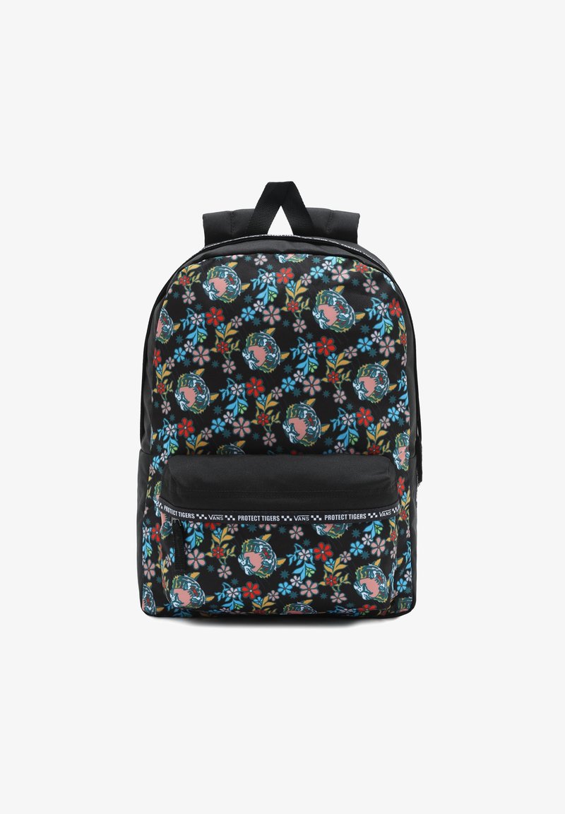 Sac à dos noir à motif floral avec des nuances de bleu, rouge et vert. Il comporte une poche avant et des bretelles rembourrées.