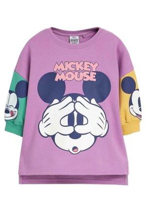 Fioletowa bluza z dużym nadrukiem Myszki Miki, z zielonymi i żółtymi akcentami na rękawach oraz zabawnymi, kreskówkowymi wzorami.