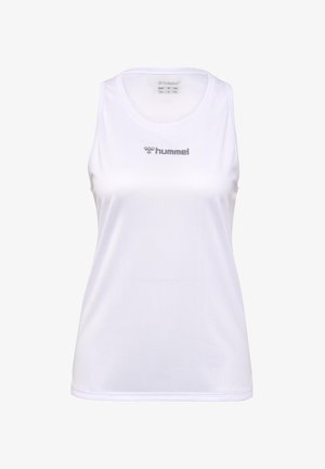 Hvid ærmeløs sportstanktop lavet af tekstureret stof, med en rund halsudskæring og et sølvfarvet "hummel"-logo på forsiden.
