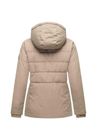 Beige pufferjack met een capuchon, met doorgestikte delen, elastische boorden en een licht taps toelopend silhouet. Glad, waterafstotend materiaal.